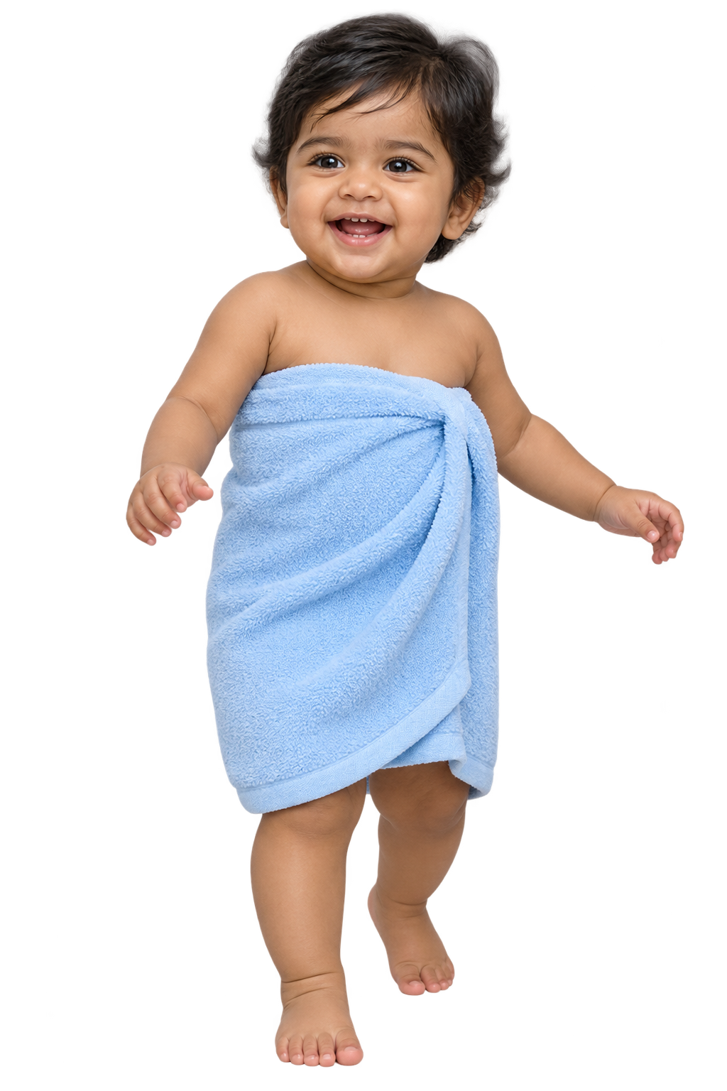 Smiling baby walking in a bath towel
